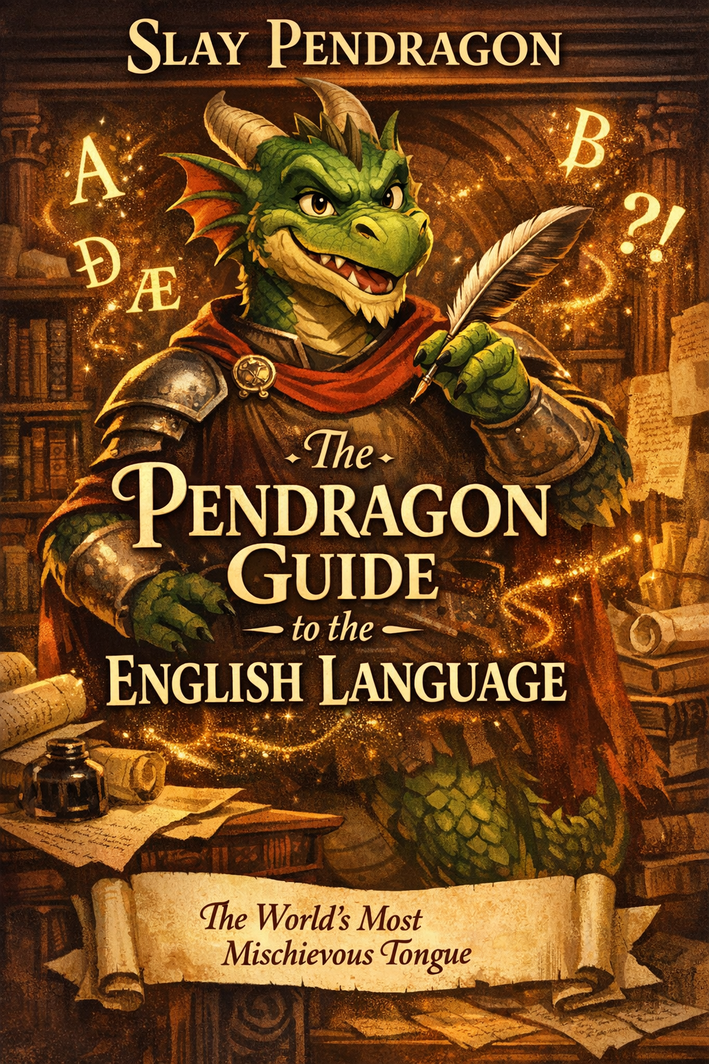 The Pendragon Guide to the English Language by Slay Pendragon. Original cover featuring a green dragon scholar with a quill and glowing letters.